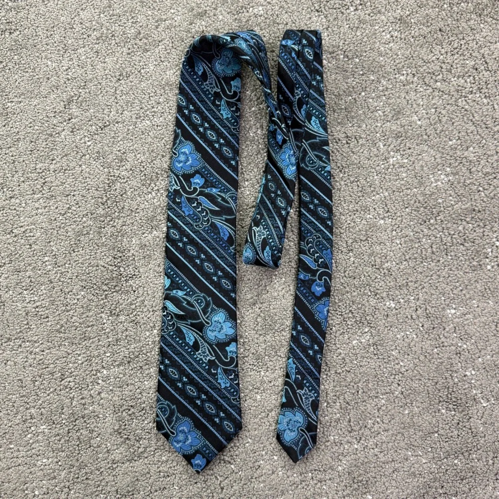 Ted Baker Silk Tie Mens OS Blue Black Floral Paisley Stripe Formal Dapper